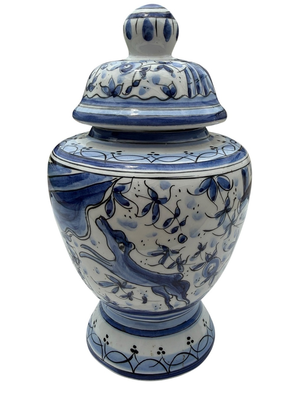 Hand Painted Portugal Blue White Ginger Jar Ceramic Urn Chinoiserie Decor Vase